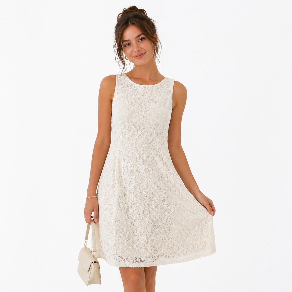 Lauren Ralph Lauren Coquette Romantic Lace Dress 10 Ivory Sleeveless Fit Flare